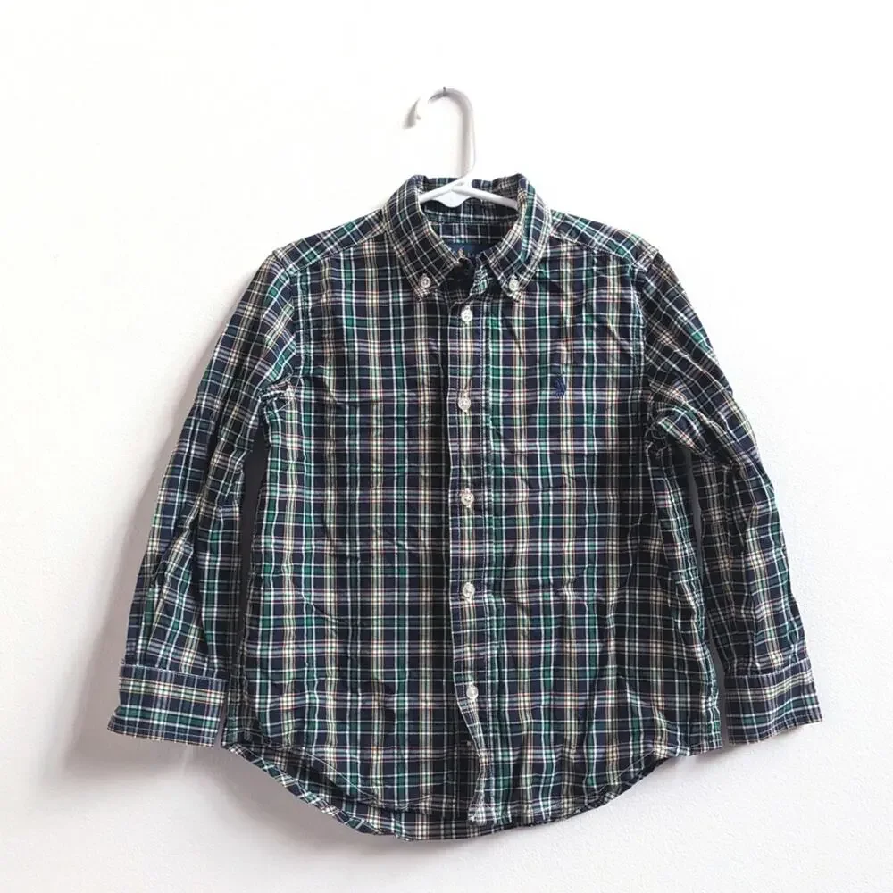 Ralph Lauren Button Down Shirt 5T Boys Green Plaid Long Sleeve Preppy Pony
